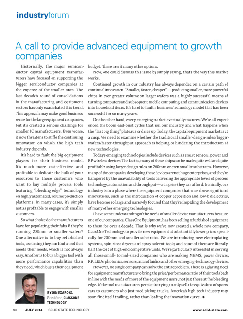 Article by Byron Exarcos in Solid State Technology